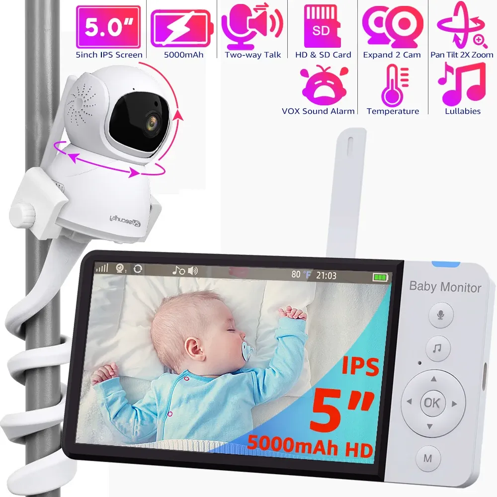 Monitors 5inch HD Baby Monitor met camera, pantilt, 4x zoom, 5000 mAh Long Life Battery, IPS -scherm, PTZ Babyphone, Babysitter met houder