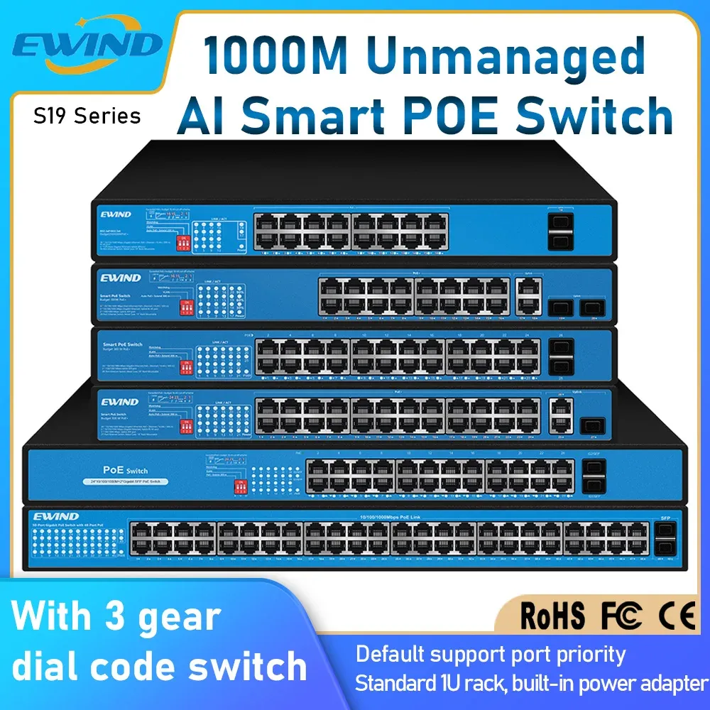 التحكم في Ewind Gigabit Poe Switch 16/24/48 المنافذ الكاملة Gigabit Ethernet Switch 10/100/1000MBPS مفتاح الشبكة