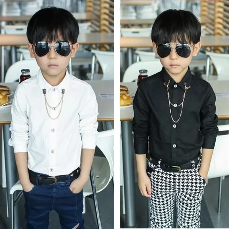 T-shirts 2023 New Fashion Baby Boys Shirts With Gift Metal Collar Chain Solid White/Black Shirt Longsleeve Shirt For Kids Child Top,H124