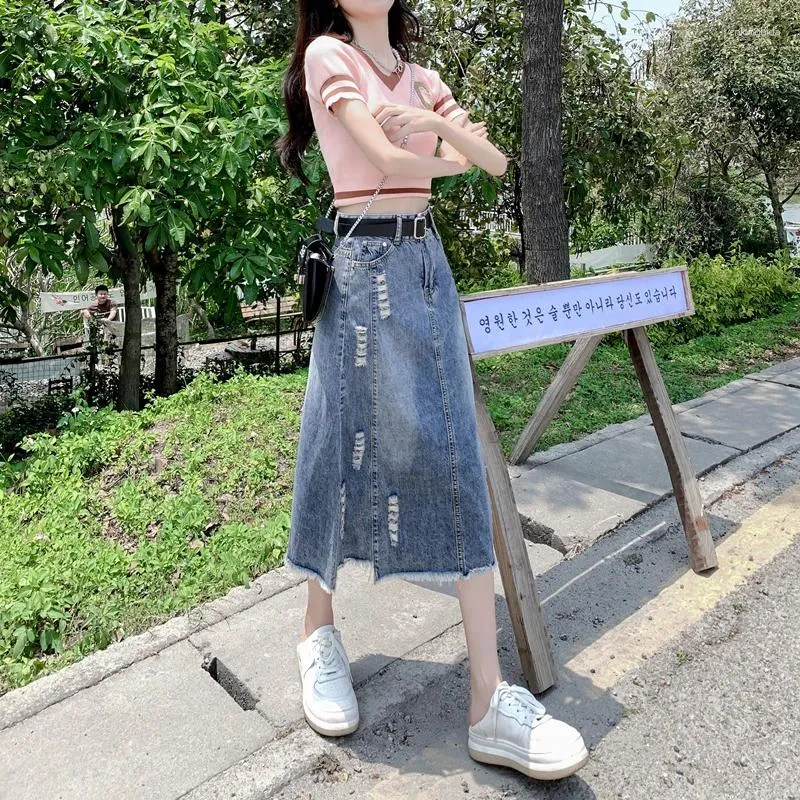 DHgate.com:Denim Skirt | Oversized Perforated A-line Wrapped