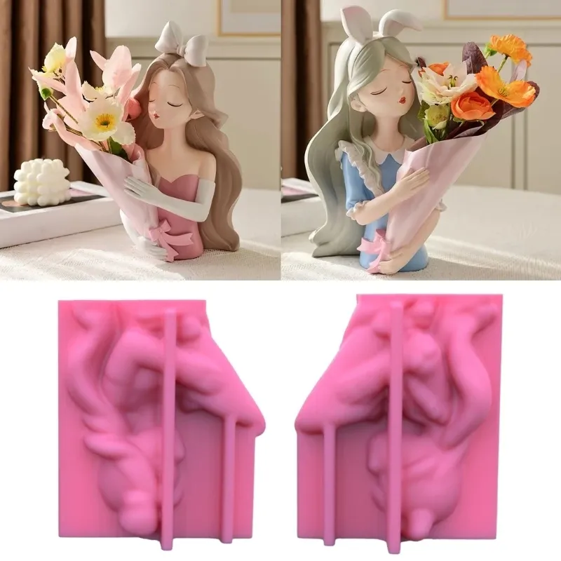 Ceramics Flower Pot Silicone Mold Vase Epoxy Resin Mold Girl Holding Flowers Succulent Planter Pot Pen Holder Making Mold Crafts