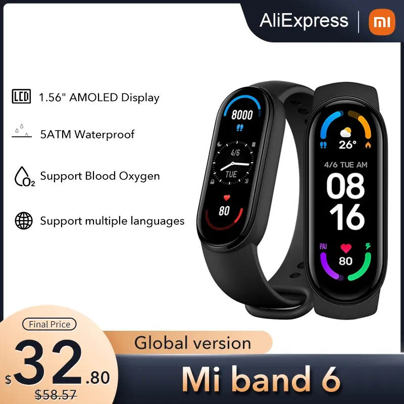 Браслеты Глобальная версия Xiaomi Mi Band 6 Smart Bracelet 1,56 "Amoled Screen Miband 6 Фитнес Тракер Bluetooth Bluetooth 5 атм