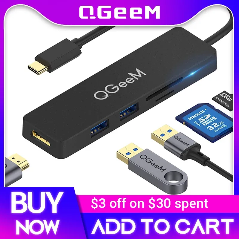 Hubs QGEEM USB C Hub för MacBook Pro Type C Hub till HDMI USB 3.0 TF SD Multi USB 3.1 Hub -adapter för iPad Pro OTG Splitter USB C Dock