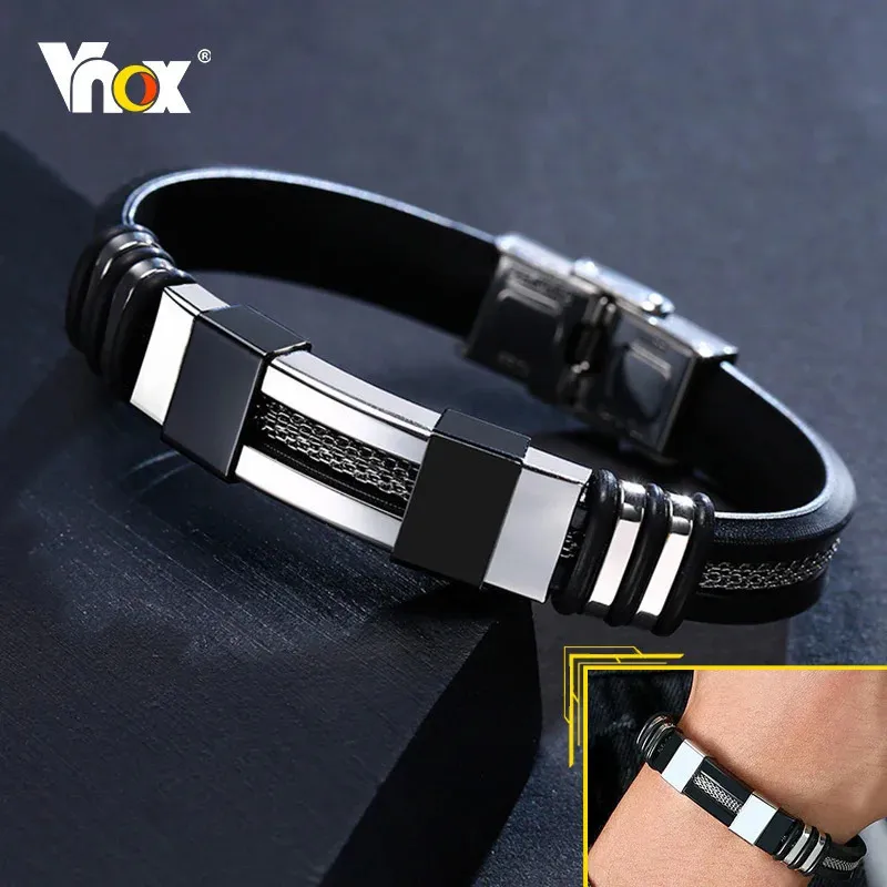 Vnox roestvrijstalen armband heren polsband zwart gegroefde roer siliconen mesh link insert punk polsband stijlvolle casual bangle 240418