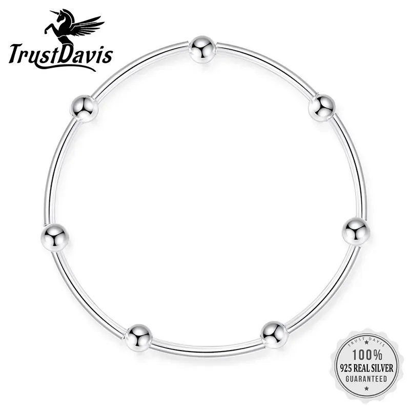 Strands Trustdavis 100％925 Sterling Silver Braceted Linked Beads Elastic 925 Bangle Women Fashion Jewelry Gift