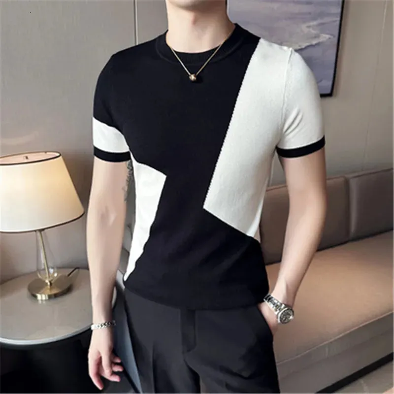 T Shirt for Men Patchwork Camisa Shorts Polo T-shirts Man Summer Short Sleeve Tee Knitted Designer Contrast Color Mens Clothes 240410