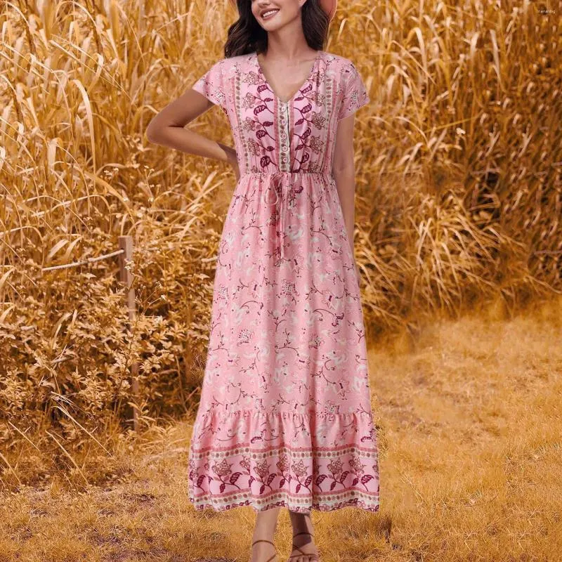 Sukienki swobodne sukienka wiosna letnia druk krótkiego rękawu moda elegancka długa spódnica seksowna boho panie maxi