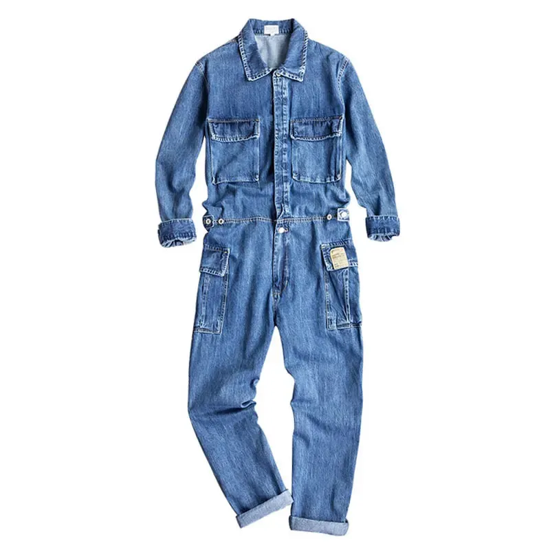 Jeans overalls mannen denim jumpsuits lange mouwen raapje multi pocket katoen losse straat cowboybroek blauwe zwarte broek 240409