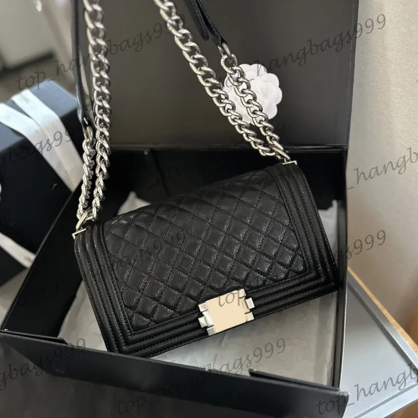 Luxury Vintage Designer Caviar Leather Classic Classic Tandted Boy Sacs Sacs à main Ajustement Silver Challe Crossbody Sac à main de grande capacité.