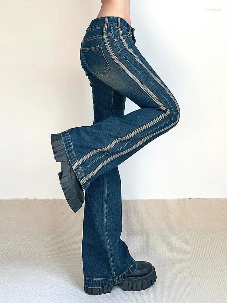 Kvinnors jeans vintage gammaldags ränder Kontrasterande färg Mikro-flare Slimming låg midja Hong Kong Style All-Match Long TR