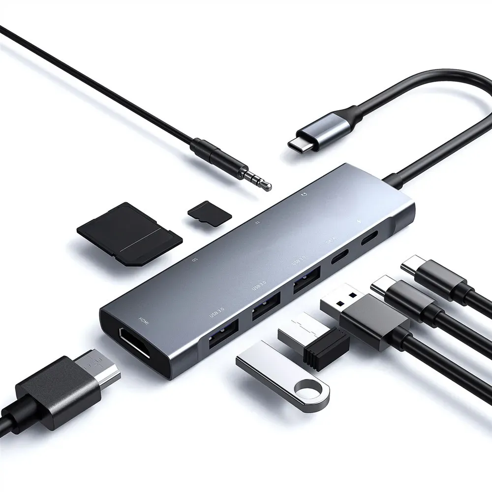 Nav 9 i 1 navadapter Thunderbolt 3 USB C till PD -laddning HDMicompatible 4K 30Hz USB 3.0 Micro SD/TF -kortläsare för Book Pro