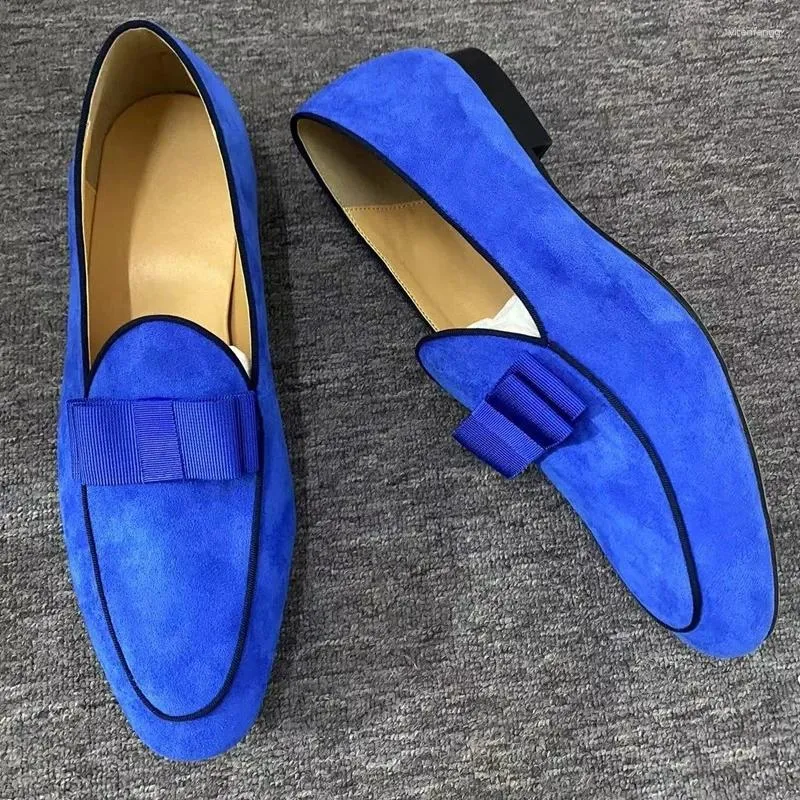 Casual Shoes Fashion Blue Cow Suede Loafers Bowtie Slip On Men Dress Handmade Designer Gentlemen Smoking Flats Slippers