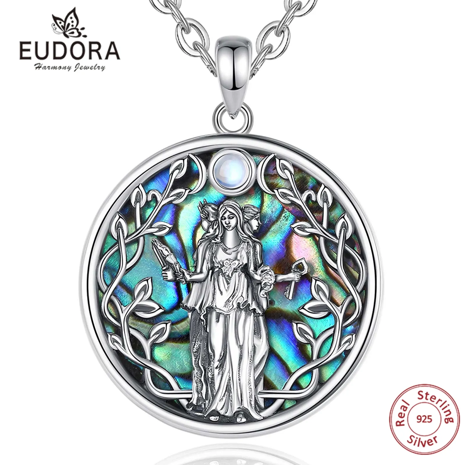 Collane Eudora 925 Sterling Triple Moon Goddess Collana per donne Ecate Amuleto Ciondolo Naturale Abalone Jewelry Personality Gift