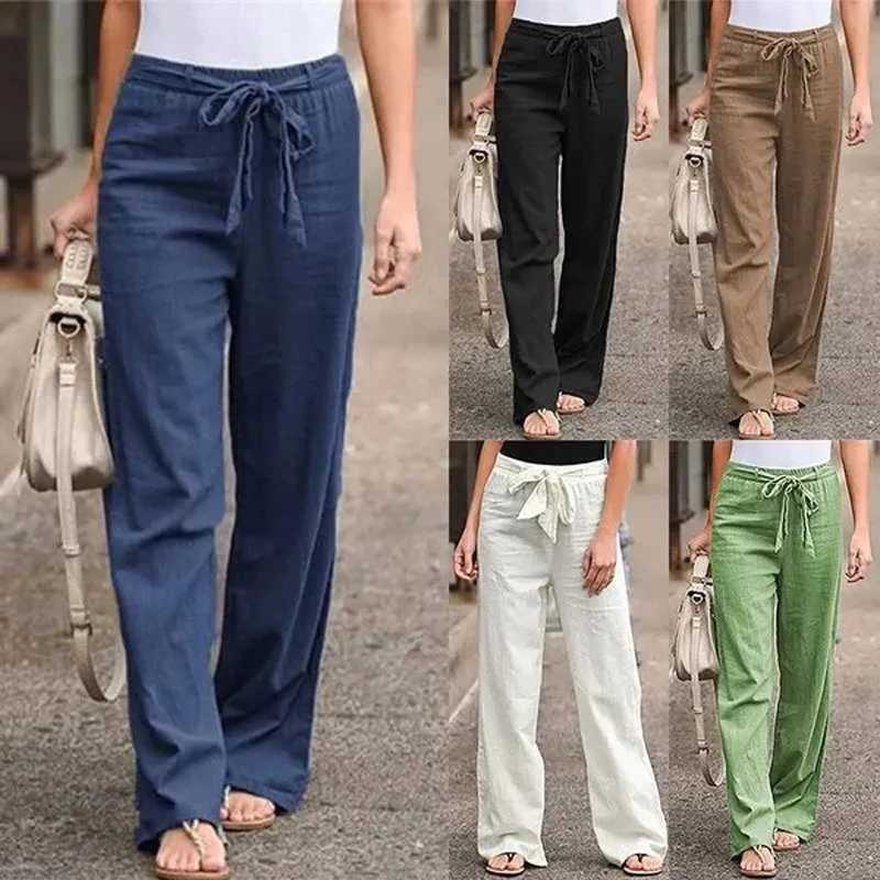 Damesbroeken capris zomer elastische taille dames katoen linnen broek hoge taille enkel lengte losse dames casual vaste kleurbroek y240422