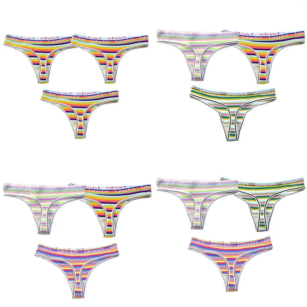 PALIANTS FEMMES 3PCS / SET FEMMES COTTON COLORFURE STRIE SEXYS SEXYS SANS GAGES G-strings Rainbow Thongs Femme Soft Breathable Intimates Lingerie