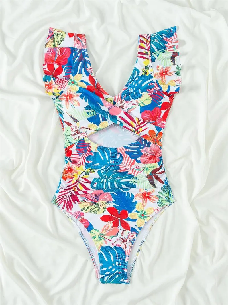 Dames badkleding kawaii bloemen bikini ruches geplooide highwaist zwempak y2k print vakantie vrouwen uitgehold monokini strand badpak