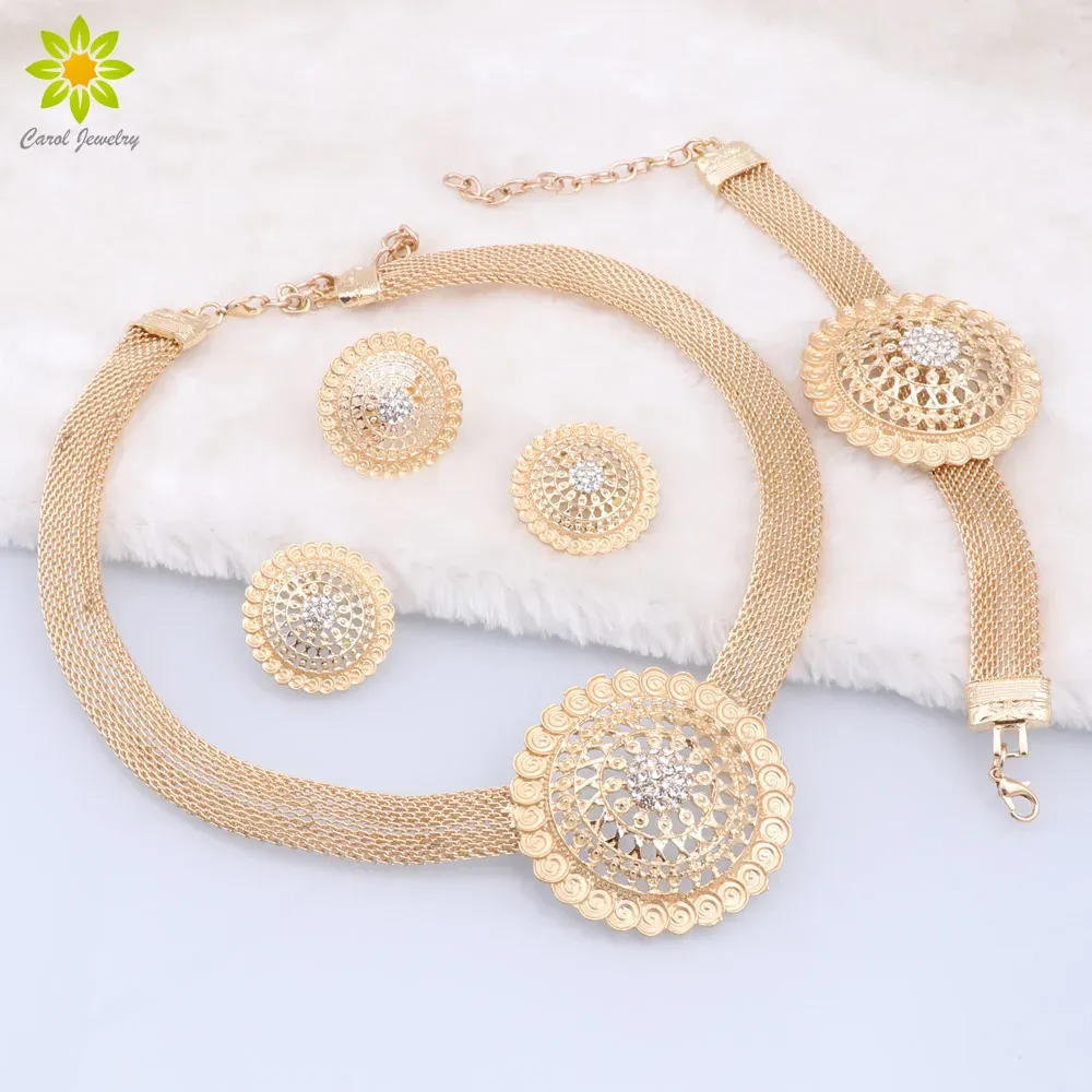 Strands Etiopia Gold Color Dubai Set di gioielli set da donna Regali per matrimoni Orecchini a pendente Set di gioielli ad anello bracciale