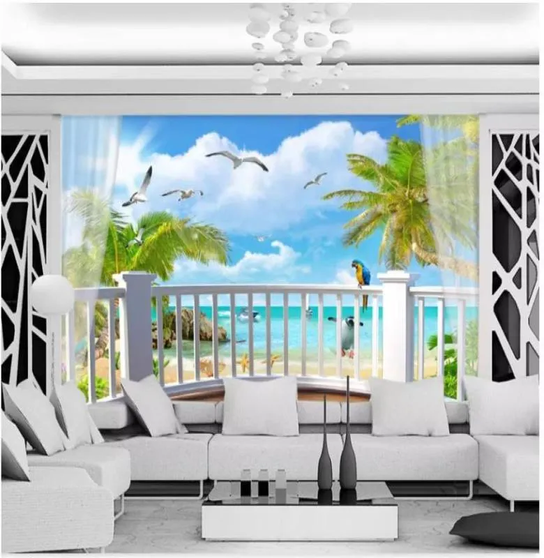 3D PO Wallpaper Custom 3D Wall Murals Wallpaper Scenic Seaside Coconut Tree Blue Sky White Clouds Mediterranean Balcony Backgro4889373