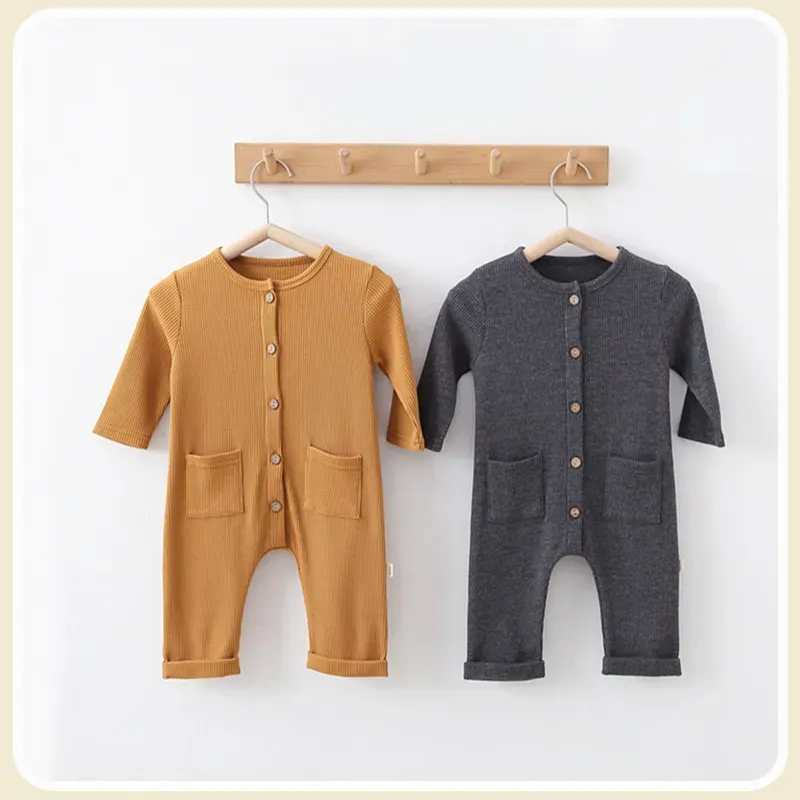 Cotton Long Sleeve Button Onesie Baby Rompers Autum Unisex Newborn Baby Clothes Solid Color Infant Clothing 3-36M