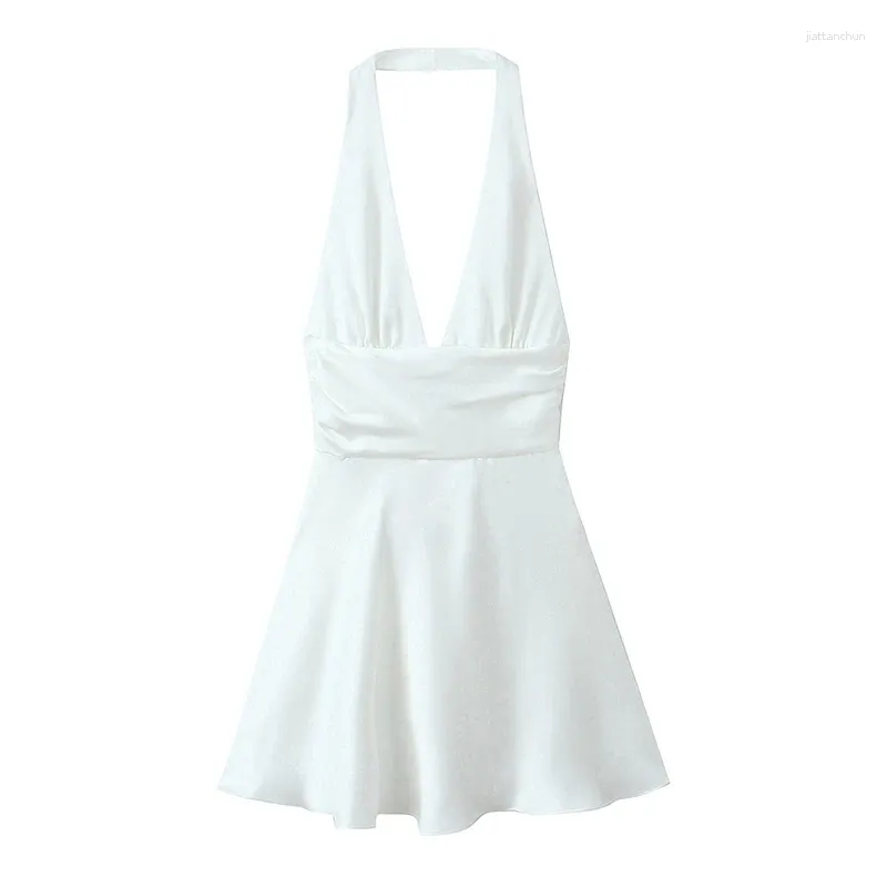 Vestidos casuais yenkye sexy sem costas com vestido de cetim de cetim férias férias verão branco curto vestidos praia