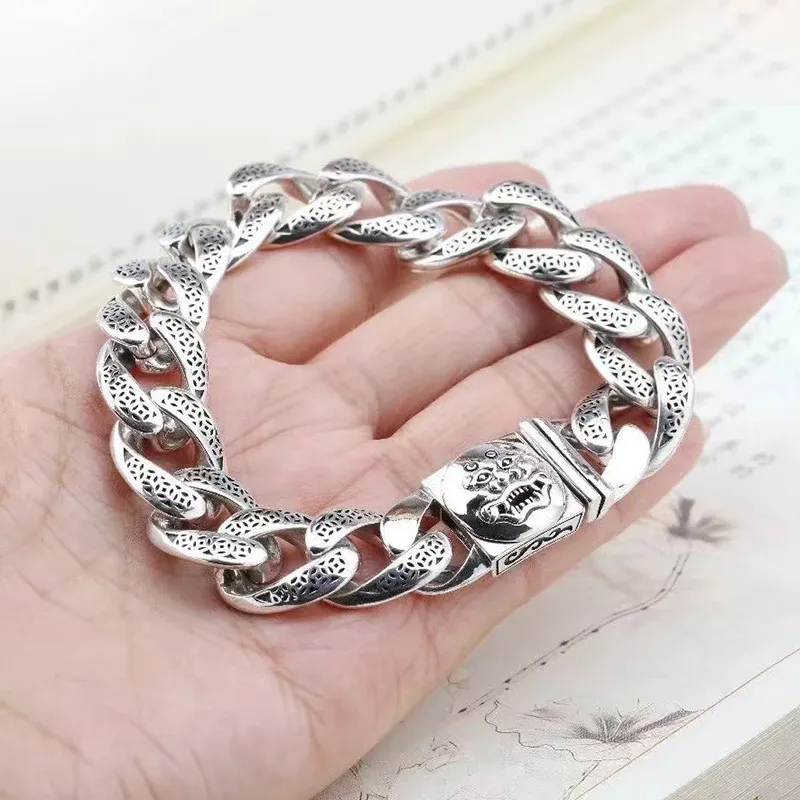 Strands S925 Silver Locomotive Latch Men Bracelet Woven 18/20/22cmキューバチェーンレトロスタイルのグリマースブレスレットフレンドフレンドパーティーギフト