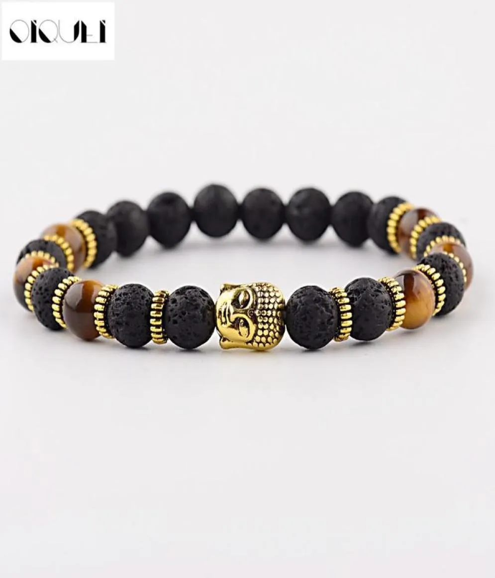 Oiquei Nowa moda Men039s Strand Bracelets Lava Rock and Natural Tiger Eye Stone i Lava Buddha Head Bead Bracelets GIF2053830