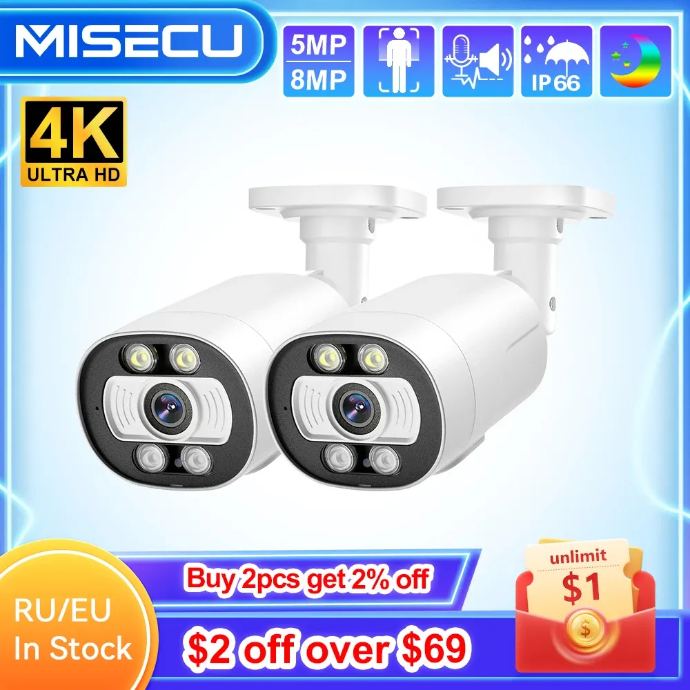 Controle Misecu UHD 8MP 4K Outdoor Poe IP Camera AI Smart H.265 Two Way Communication Color Night Vision Home Record Surveillance Camera