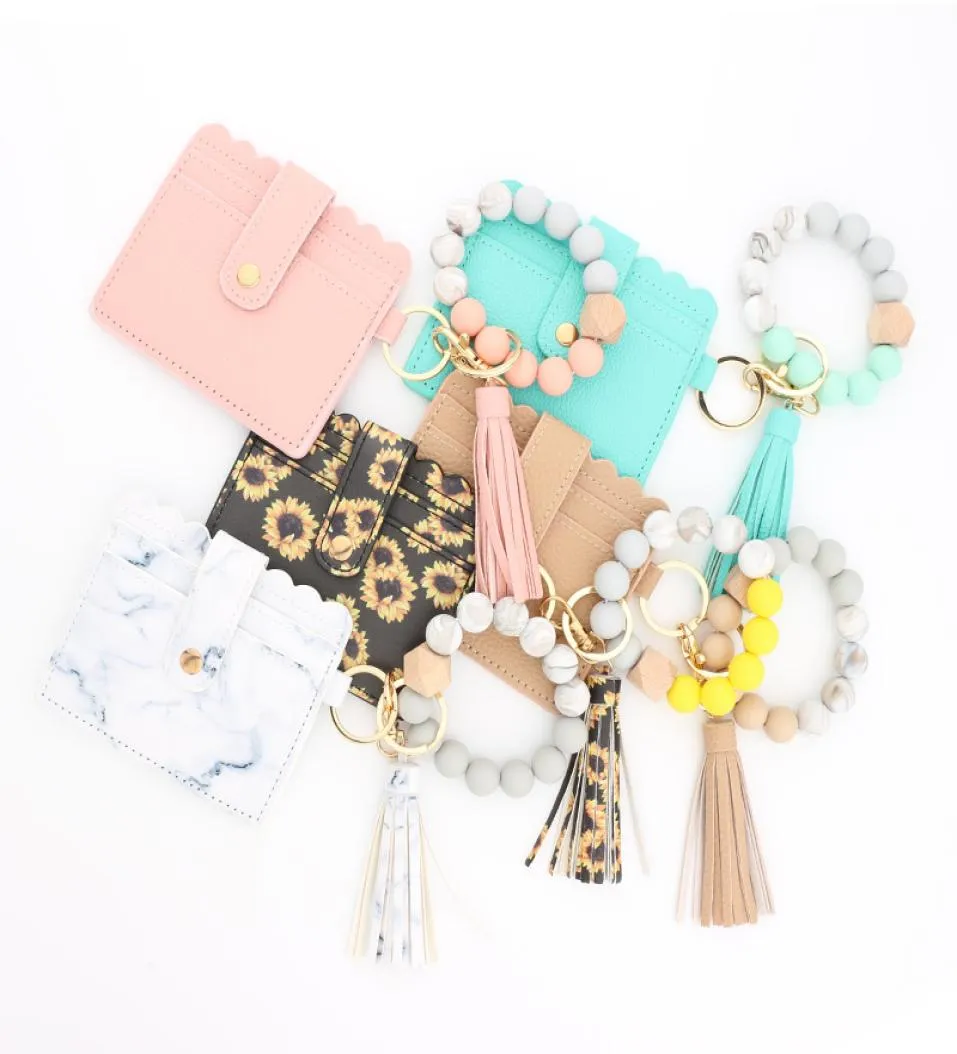 Silicone Beads Bracelets Keychain NEVER LOST Key Ring Wooden Bead Keychains Car Home Keys Cards Holder Leather Purse Women Fashion6118621