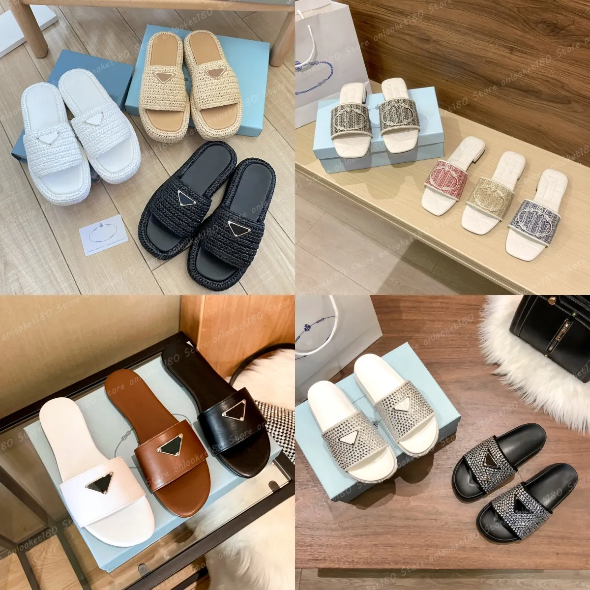 12 Styles Prad Triangle Stroweve Slipper Sandaalplatform Raffias Slippers Designer Dames Heren Zomer Flat Heel Flip Flops Outdoors Buiten Pool Sliders Strandschoen