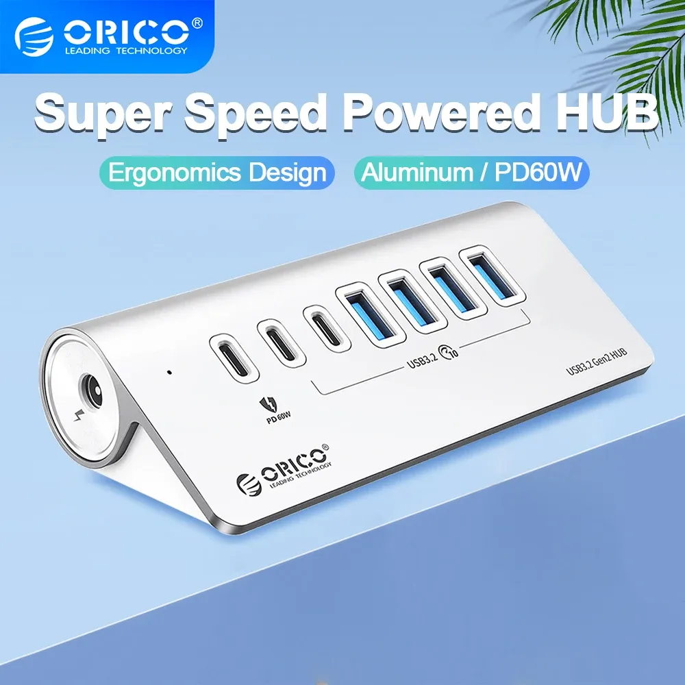 Hubs OROPO Alumínio 10 Gbps USB 3.2 Hub Superspeed PD60W Charger Tipo C dividido com adaptador de energia para acessórios para MacBook PC