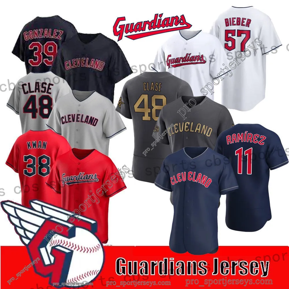 Jose Ramirez Guardians Jersey Cleveland 48 Emmanuel Clase 38 Steven Kwan 0 Andres Gimenez 22 Josh Naylor 1 AMED Rosario 57 Shane Bieber Custom Baseball Maglie da baseball