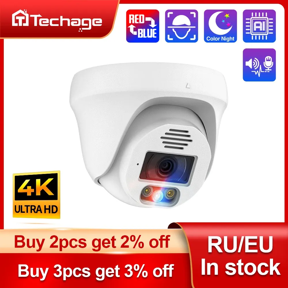 Lens Techage H.265 5MP 8MP 4K POE IP Camera AI Human Detected Color Night Vision Indoor Dome Camera For NVR System Video Surveillance