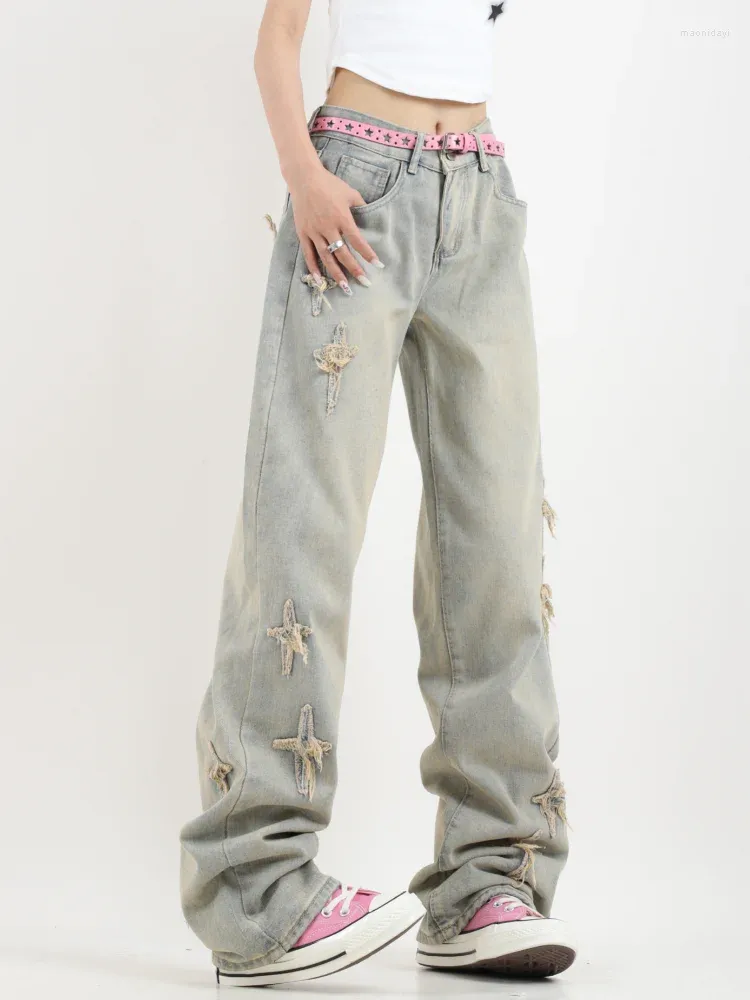 Kvinnors jeans korsar lapp gul lera färg rak vintage neutral stil casual byxor kvinnlig hög midja bred ben denim byxor