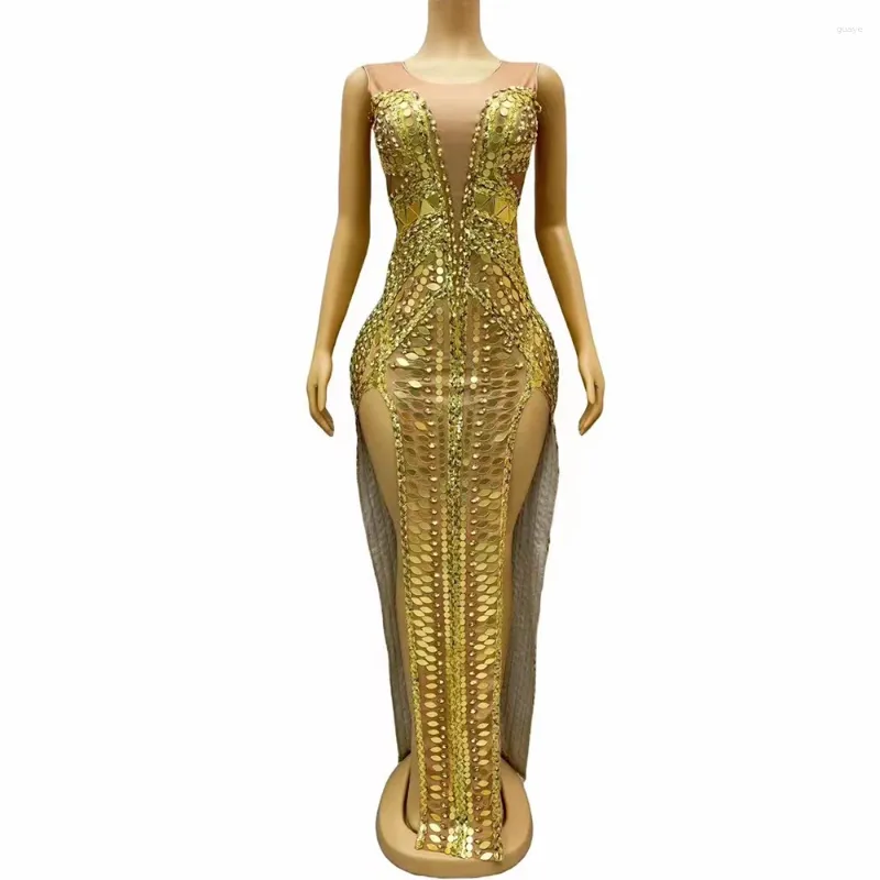 Bühnenbekleidung sexy leuchtende Pailletten Gold Mirrors Rassonestones Split ärmellose Kleider Abend Fancy Festival Kostümsänger noble Outfit