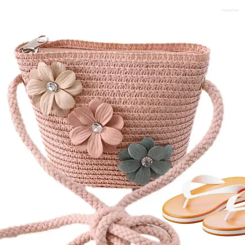 Aufbewahrungstaschen Kinder Strohbag Kleine Mädchen Blumen Schulter Crossbody süße mädchenhafte gewebt für Outdoor -Aktivitäten