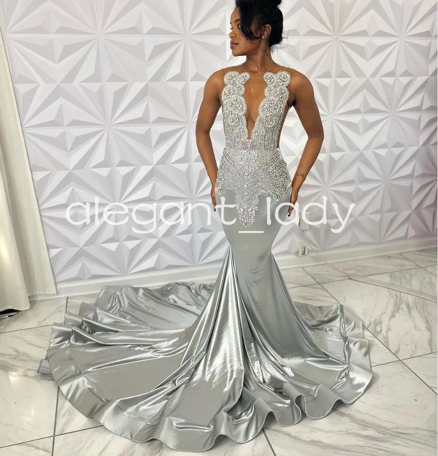 Ivy Silver Diamond Long Mermaid Prom Ceremony Party Dresses For Black Girl 2024 Luxury Crystal Eveing Birthday Gala Gown