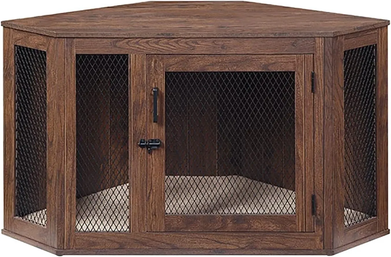Image showcasing Rustic 2 In 1 Corner Oak Dog Crate And Cage Set Heavy Duty Furniture ...