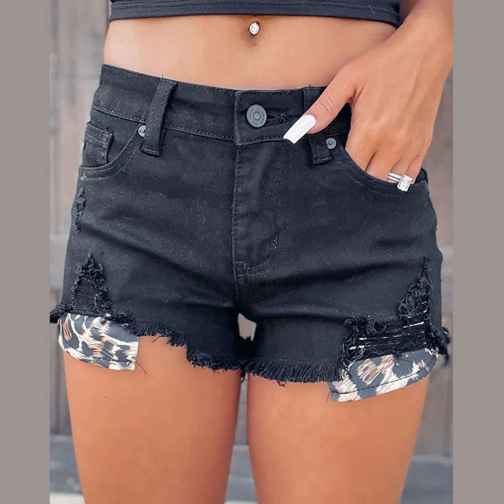 Shorts pour femmes en denim en 2024, nouvelle tendance, poche imprimée léopard personnalisée, shorts perforés, A-Line Hot,