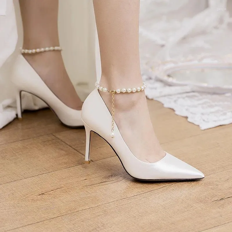 Vestido festas de casamento feminino bombas de cetim brancas pérolas tornozelo de tornozelo no estilo francês notar pontuado tamanho grande 32-43