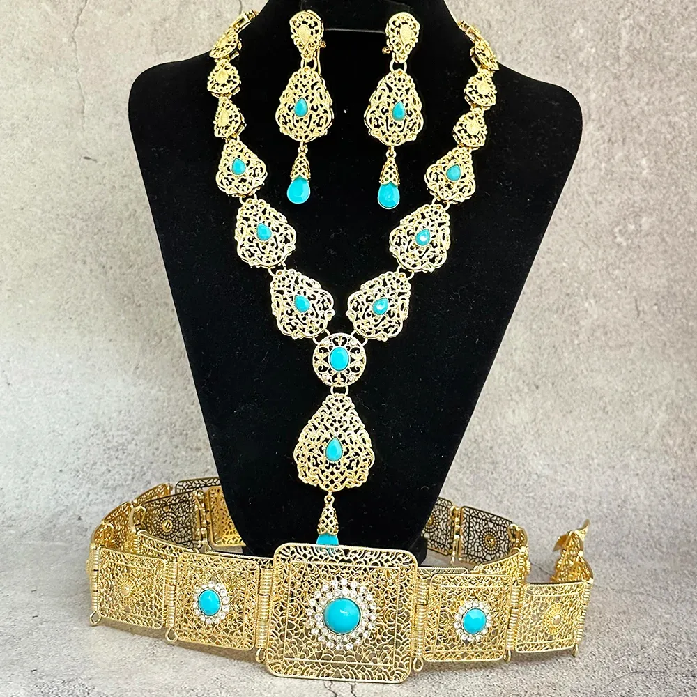 Halsband arabiska kaftan smycken set för kvinna guld färg ihålig design lyxig bröllop klänning bälte halsband örhängen set brud kristall smycken