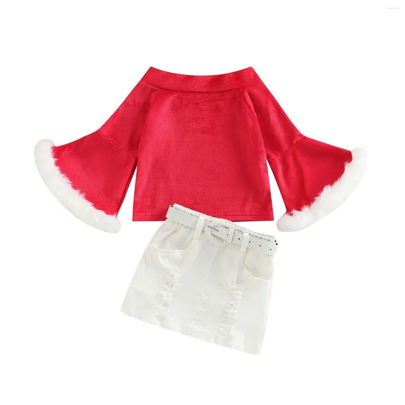 Clothing Sets 2-6Years Girls Three-piece Skirt Suit Red Patchwork Boat Neck Flared Sleeves Pullover A-line And Waistband