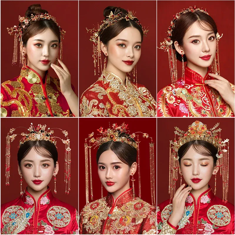 Smycken kinesiska bröllop hårtillbehör röd tiara vintage brud krona pannband set pärlor kronor för kvinnor 2023 brud tiaras huvudstycke