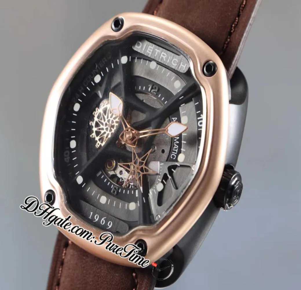Dietrich Organic Time 1969 Miyota 82S7 Automatic Mens Watch Two Tone PVD 18K Rose Gold Bezel Black Skeleton Dial Brown Leather Str1319458