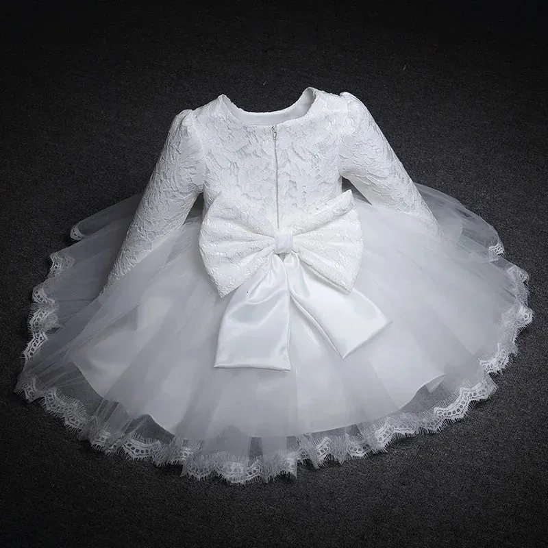 Baby Girls Long Sleeve Dresses for Xmas Party Wedding Lace Big Bow Dresses Infant Girl 1st Birthday Princess White Baptism Dress 240422