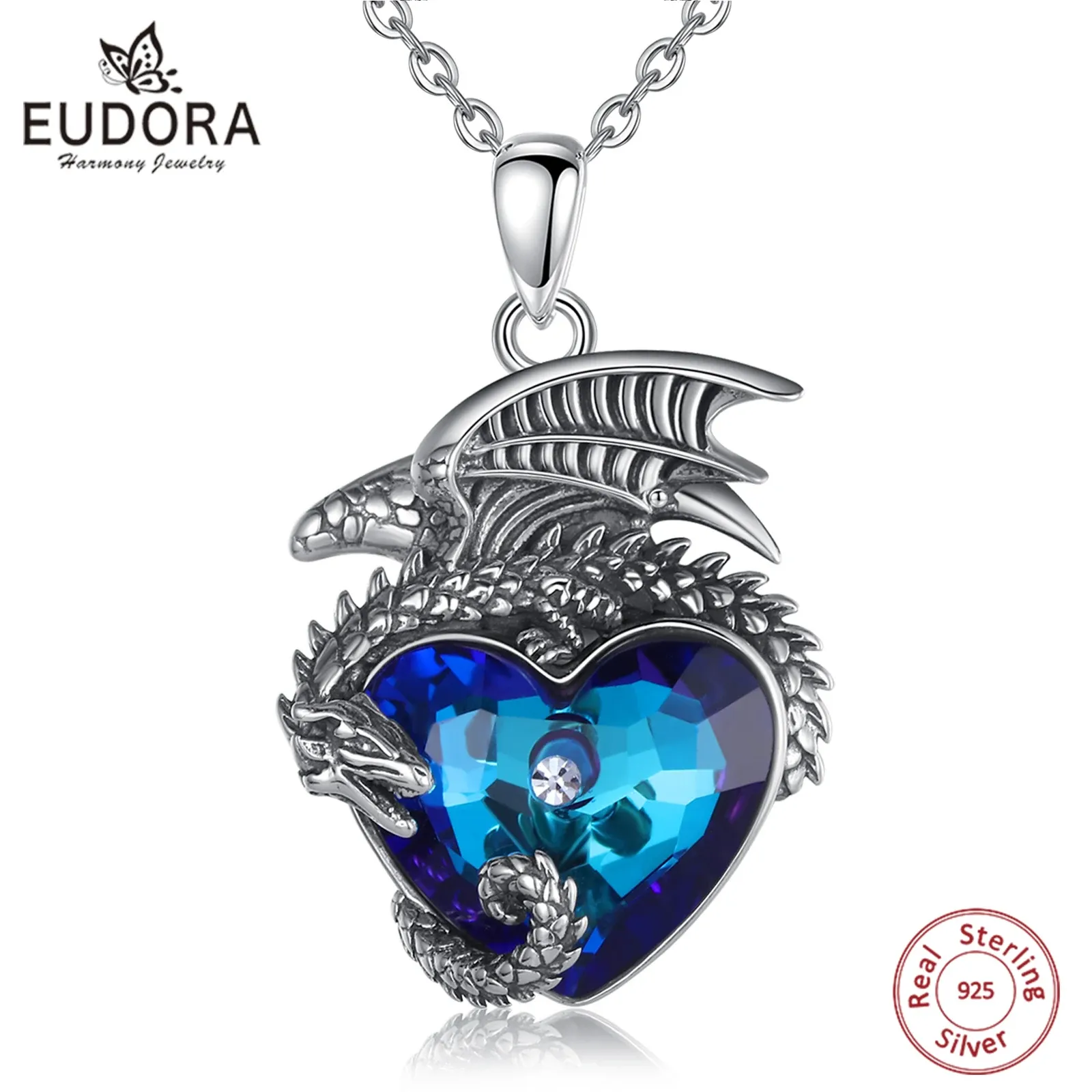 Pendants Eudora Real 925 Dragon argent sterling Neckalce Luxury Heart Crystal personnalité cristalline Dragon Pendant Fine bijoux pour l'homme
