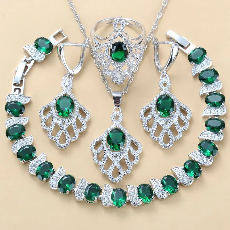 Collane Nuovo design originale 925 Silver Green Big Fine Set di gioielli e collana per donne Lussuose accessori per matrimoni