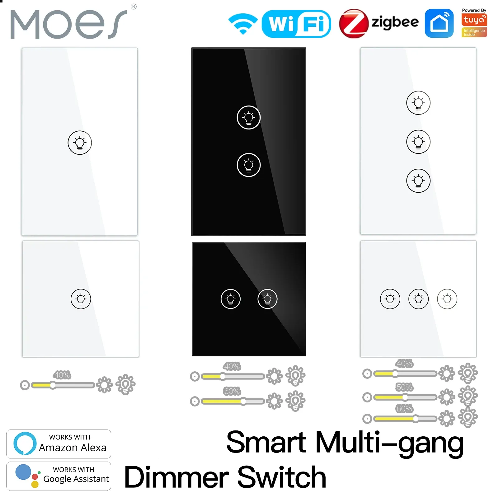 Controle Moes ZigBee/WiFi Light Dimmer Switch Smart Multigang Brighess Ajuste Controller Tuya App Alexa