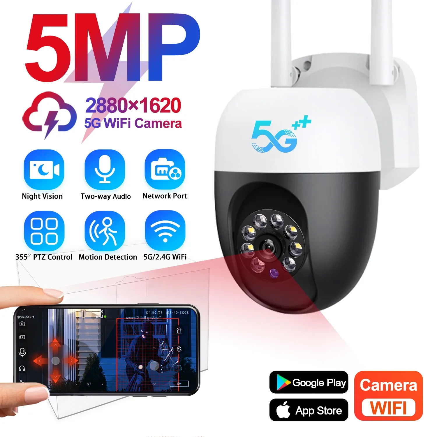 Kameror 5MP WiFi IP -kamera utomhus Trådlös säkerhetsövervakning Kameror AI Human Tracking Twoway Audio Night Color Waterproof