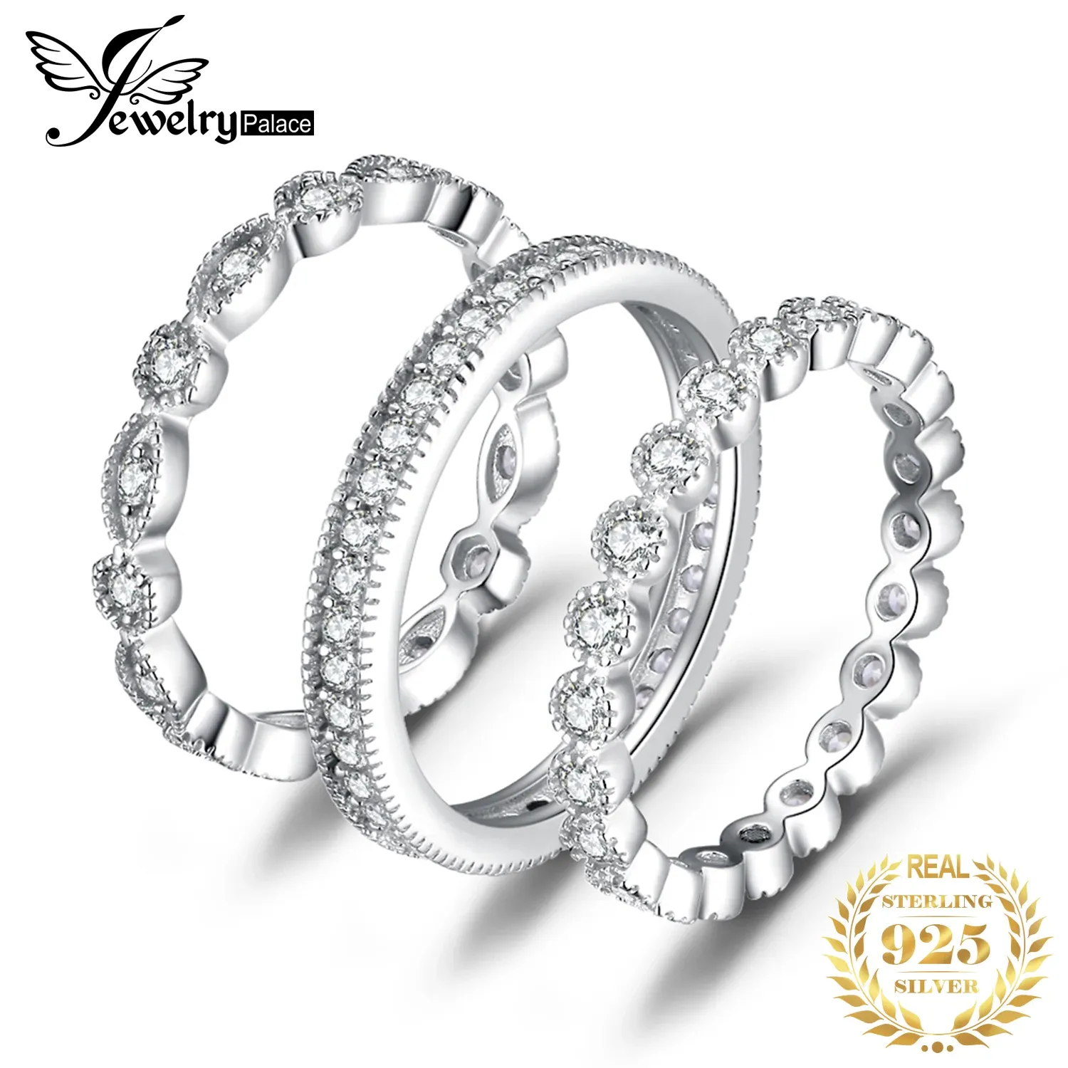 Ringe JewelryPalace 3 PCs 925 Sterling Silber Gelb Roségold Ring Set Frauen Stapelbare AAAAA CZ Simulierte Diamantfingerring