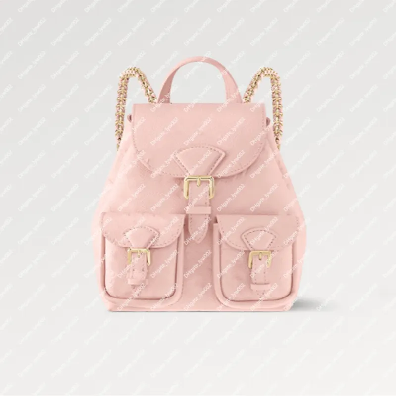 Explosion New Women's Backup M47074 Opal Pink Prossed Grained Cowhide läder ljusguldfärg Hårdvara 2 Front Flap Pockets Playful ryggsäck mångsidig väska